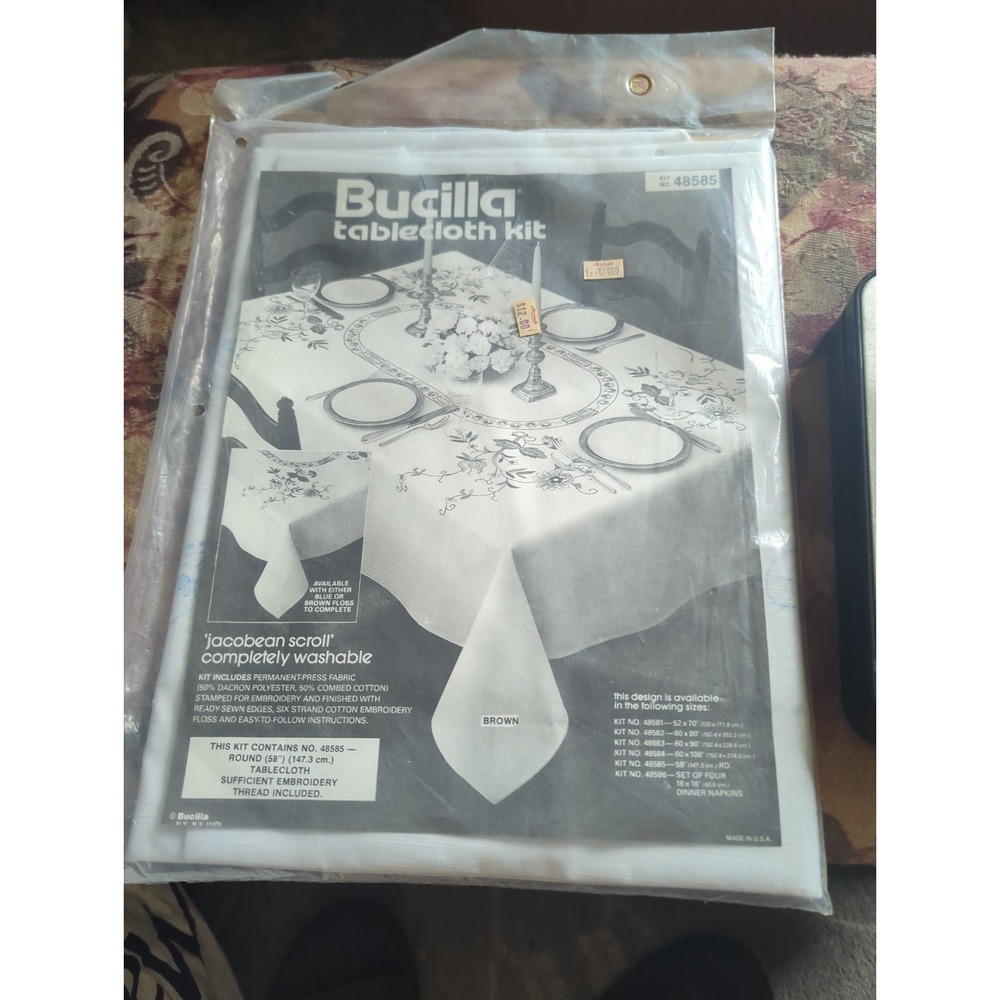 Vintage Bucilla Jacobean Scroll Stamped Embroidery Tablecloth Kit 48585 White